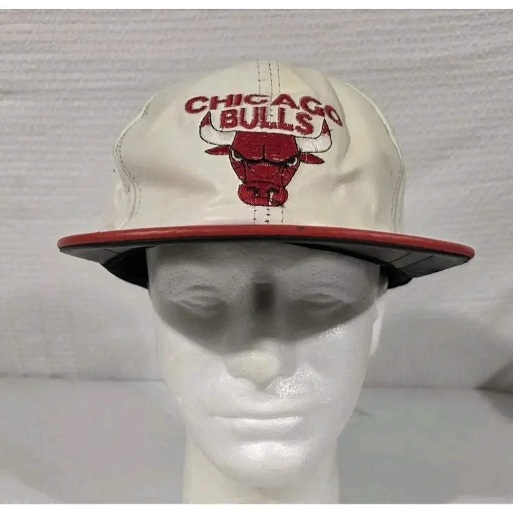 Vtg Chicago Bulls Genuine Leather Snapback Hat NBA Made USA White Red Cap